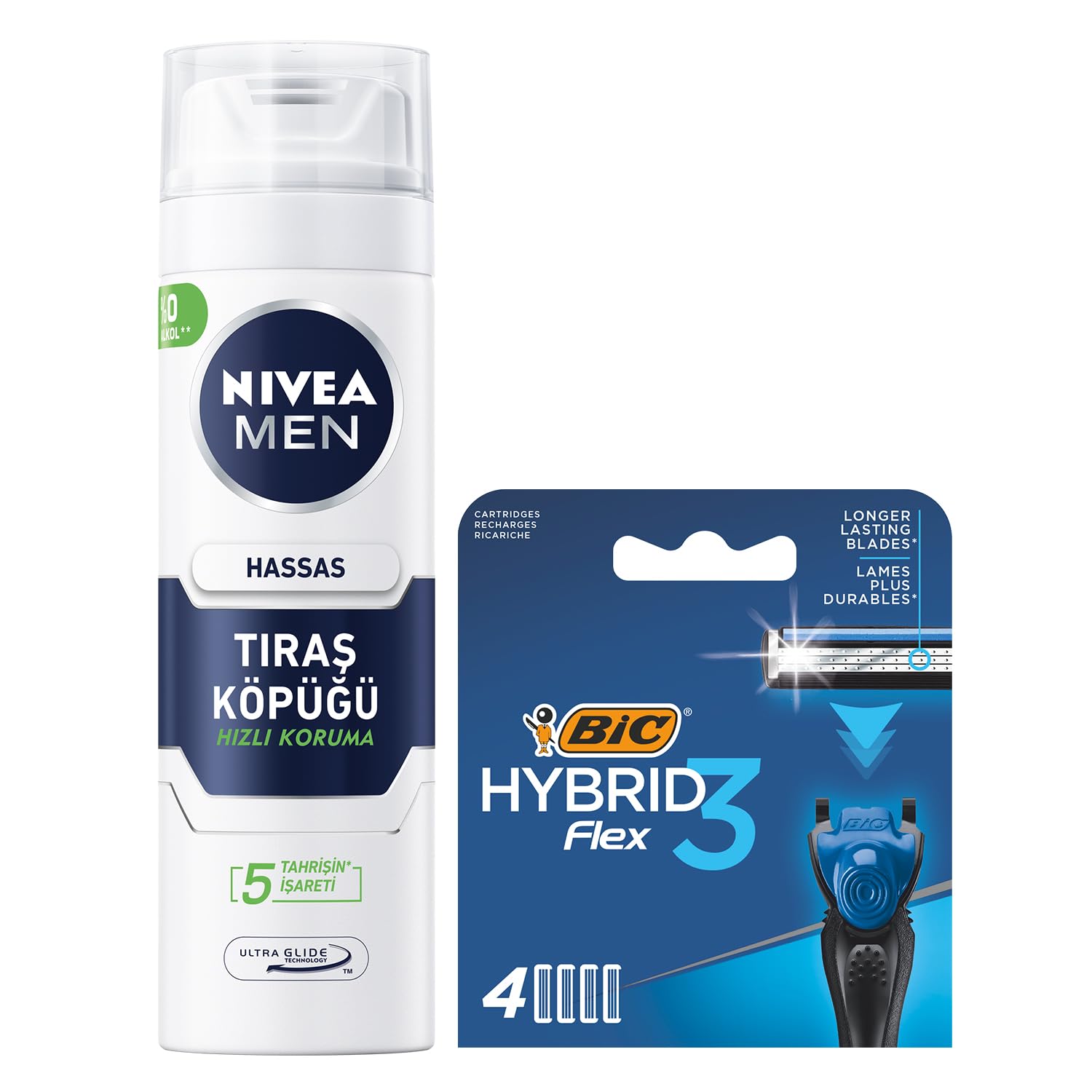 NIVEA MEN Erkek Hassas Tıraş Köpüğü 200 ml + BIC Hybrid 3 Flex 4'lü Yedek Tıraş Bıçağı Kartuşu