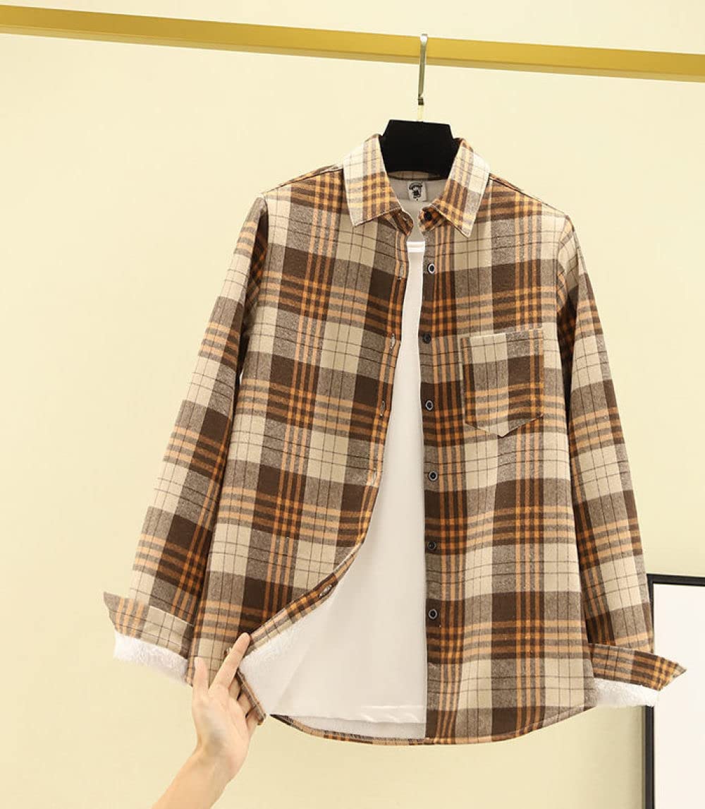MIDJ Hemd Damen,Damenhemd Flanell Sherpa Baumwolle Dunkelbraun Und Khaki Schlichte Karierte Hemden Langarmhemden Schicke Hemden Dicke Leichte Jacken Holzfällerhemden