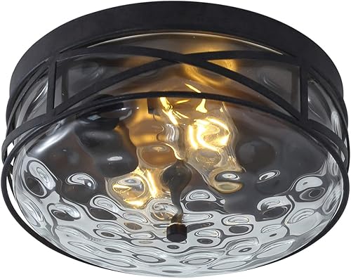 Miniatura 2 de Aiwen Lámpara de techo redonda de montaje empotrado, contemporánea de 2 luces cerca de la iluminación, pantalla de vidrio de tambor ondulado de agua