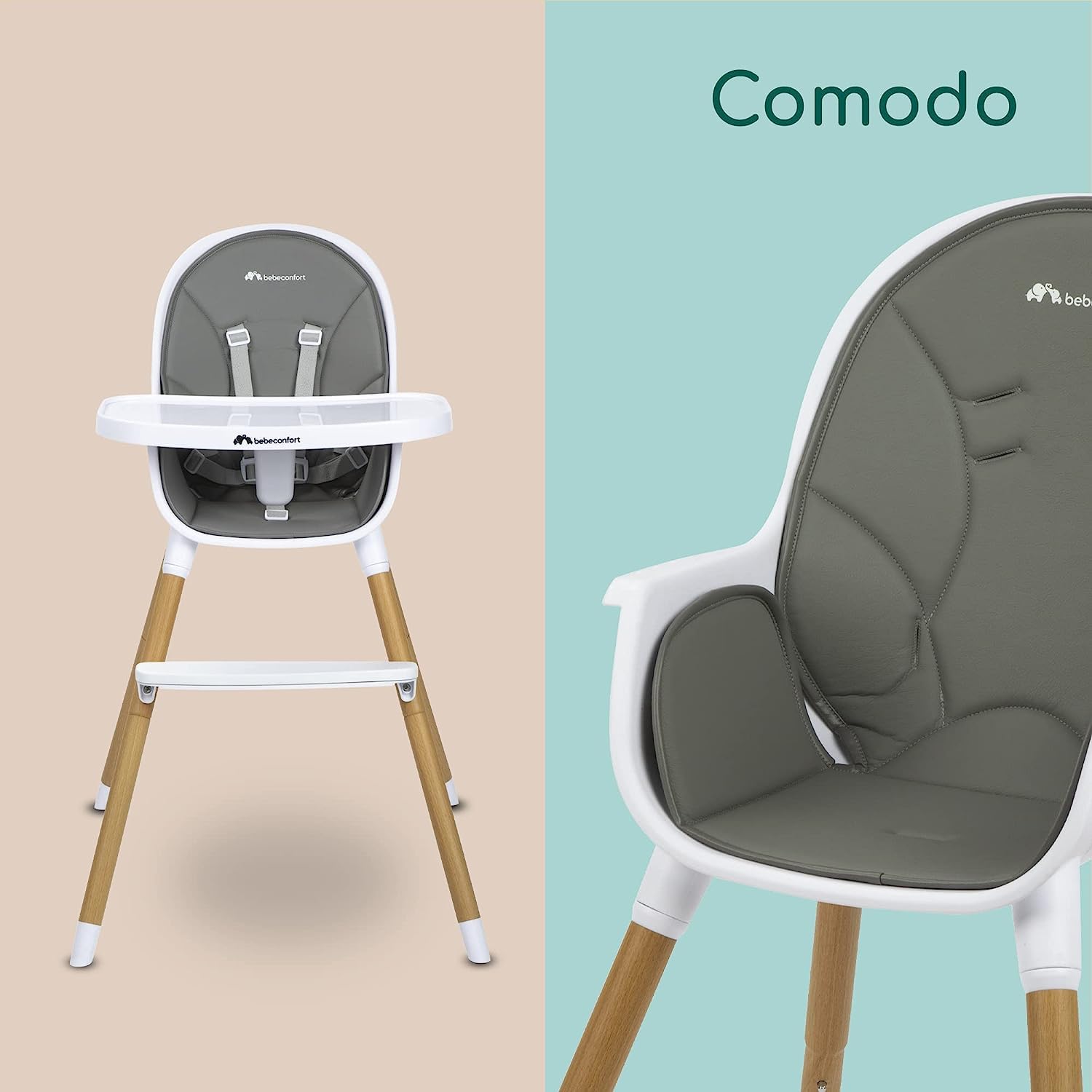 Bebeconfort Avista seggiolone pappa evolutivo che si trasforma in sedia bambino, con imbottitura e vassoio, dai 6 mesi, portata 30 kg, Warm Grey