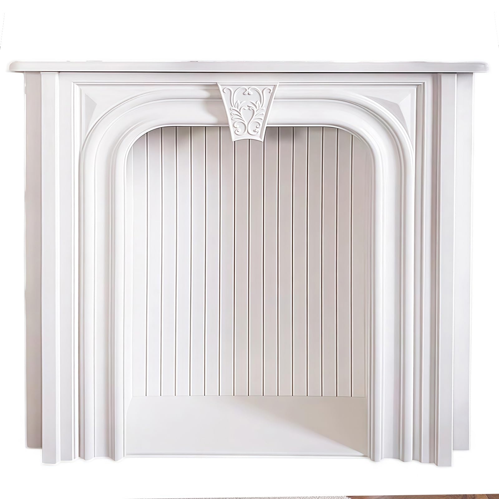 Mantels Surrounds Solid Birch Wood Arched Fireplace Mantel with Ornate Carved Accent & White Finish Decorated Frame(Medium)