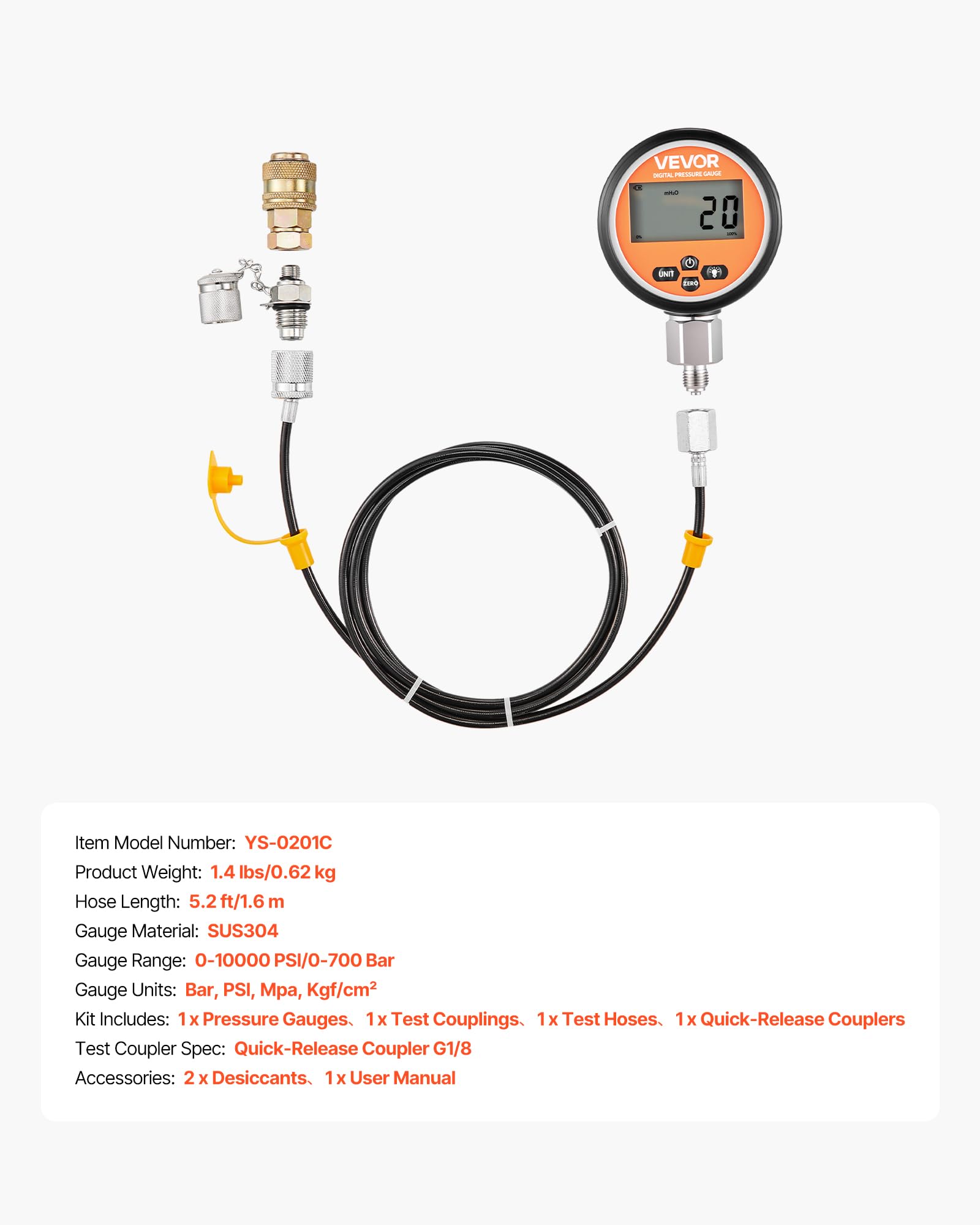 VEVOR digitales Hydraulikdruck Testkupplungsset, 10000 PSI Druckmessgerät Manometer Tester mit 1 Manometer & 1 Testkupplung & 1 Schnellkupplung & 1 Schlauch für Bagger Baumaschinen