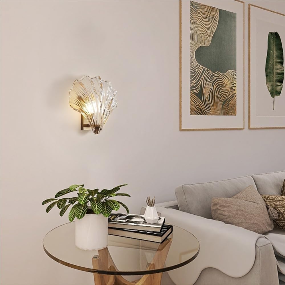 Applique da Parete in Stile Mid-Century Modern con Paralume in Vetro a Conchiglia, in Ottone Spazzolato, con Cablaggio Fisso, Vintage, per Soggiorno, Ingresso, Isola della Cucina, Fattoria, Sala