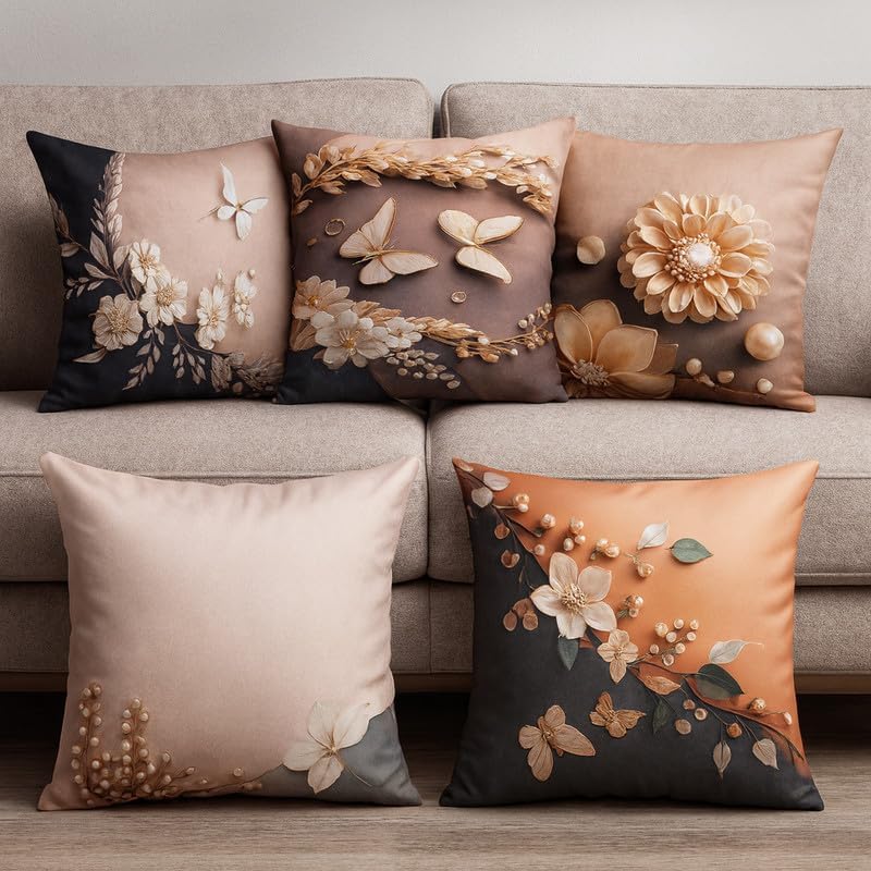 Image of Decorative Satin Sofa Cushion Covers Set of 5, 16 x 16 Inches, Multicolor Floral Printed Pillow Covers for Living Room, Bedroom, Couch & Sofa, Soft Glossy Fabric, Zipper Closure