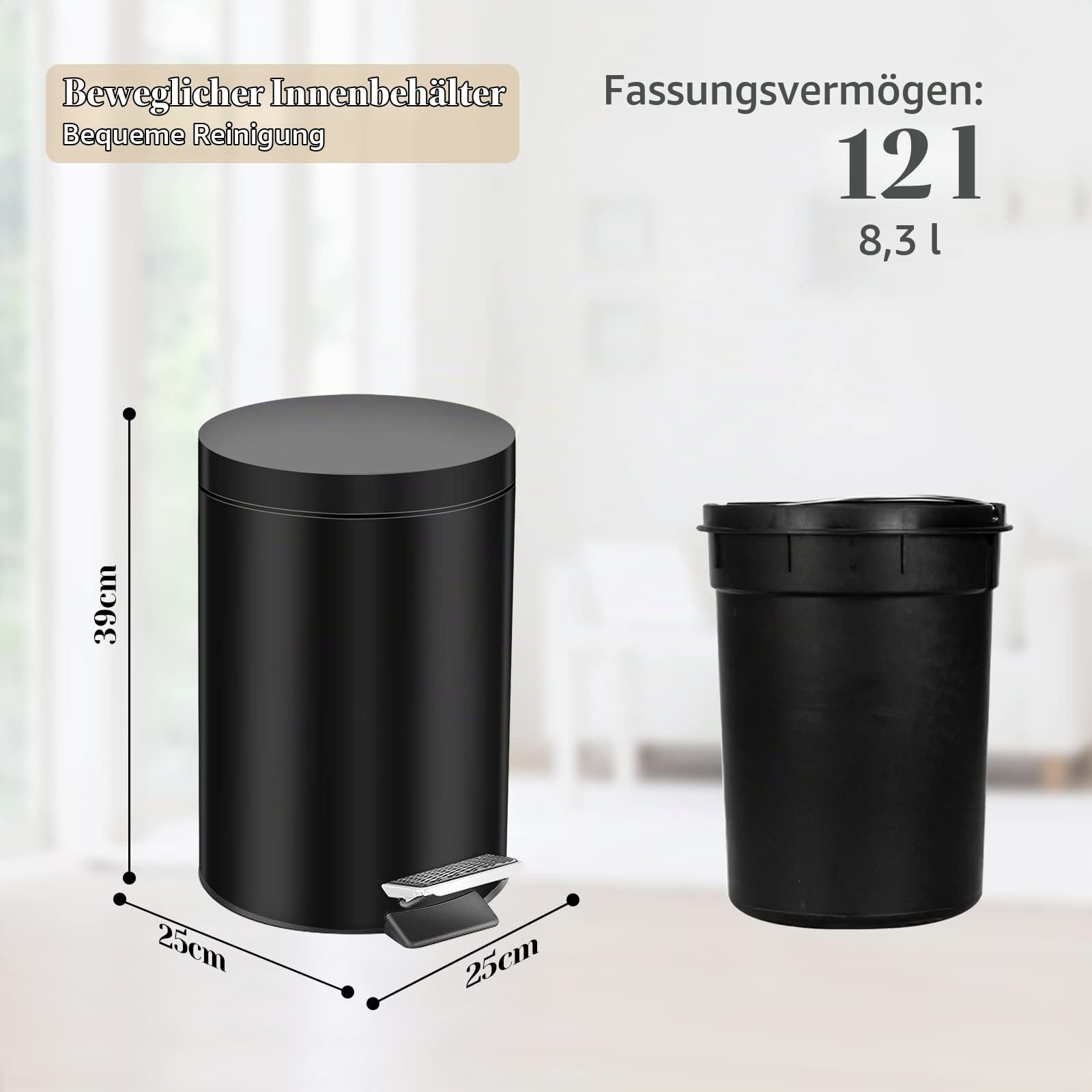Badezimmer Mülleimer,12L Runder Küche Mülleimer mit Edelstahl Pedal,Deckel,Papierkorb mit herausnehmbarem Inneneimer für Bad, Büro und Küche
