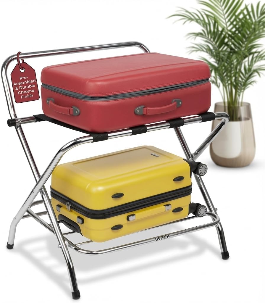USTECH Luggage Rack Pack of 2 - Single Tier Chrome High Back Foldable Design for Guest Rooms, Lightweight Durable Construction, Space-Saving for Hotels and Homes, Fully Assembled