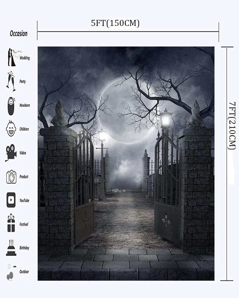 Haosphoto 5X7FT/150X210cm Halloween Backdrop Horror Moon Night Backdrops Gothic Gate Brick Floor Trick or Treat Photography Background for Masquerade and Costume Party Photo Studio Props AP28 - Image 4