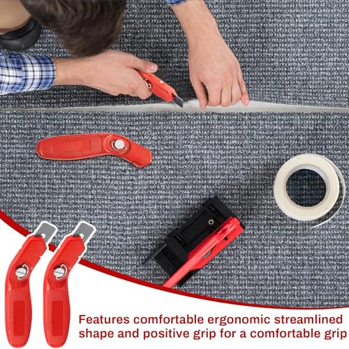 Image of Lasnten 4 Pieces 12 Blades Utility Carpet Knife Cutting Heavy Duty Carpet Knife Cutter Tools with Blades Razor Blade Knives with Protective Cap for Box Cutter Roofing Purpose, Aluminum (Red)