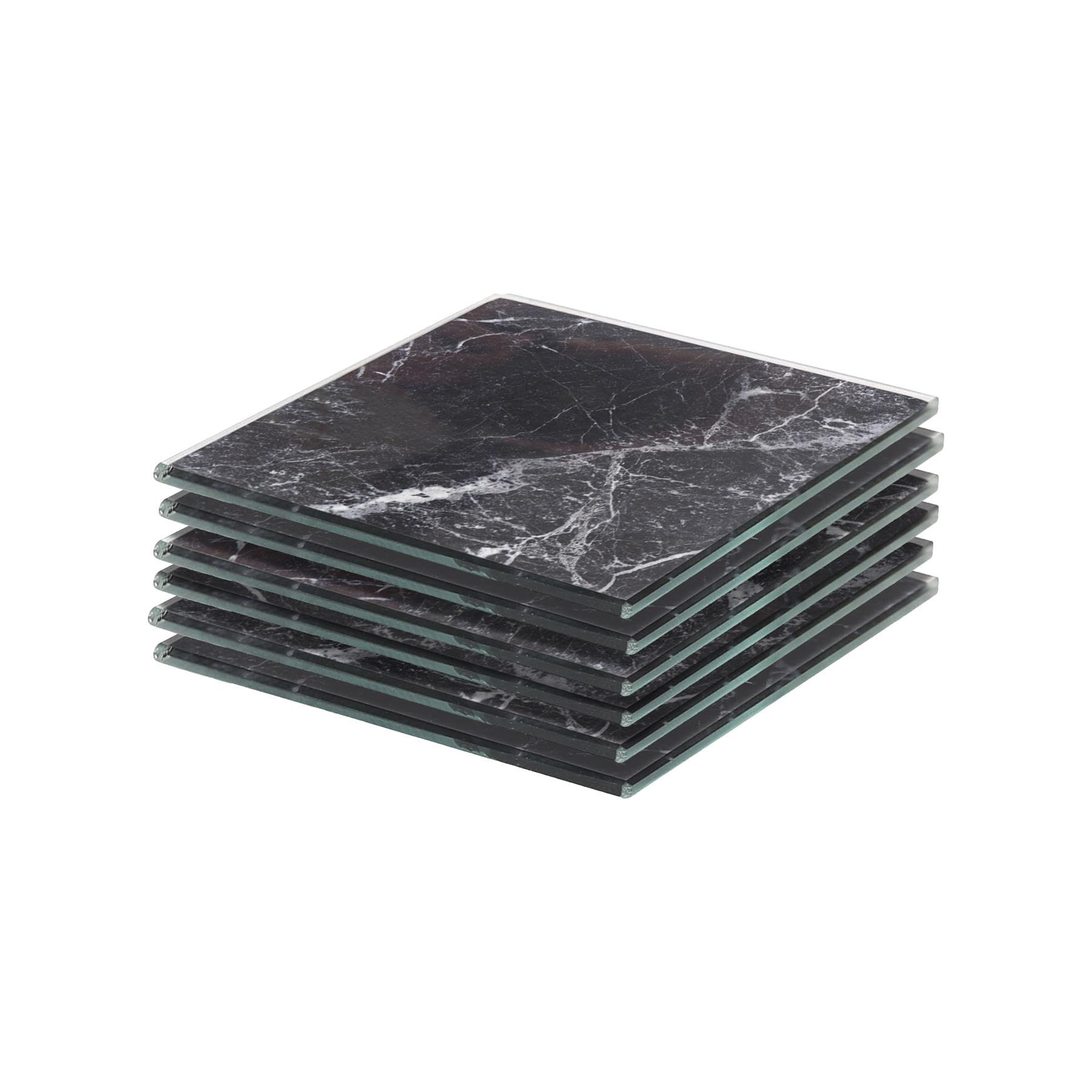Harbour Housewares 6X Square Glass Coasters10CmBlack Marble Tabletop Protection Mat Drink Coaster Decorative Dining Placemat from B&Q