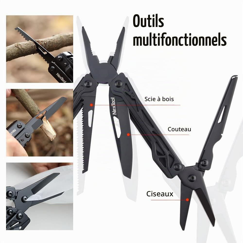 NexTool Multitool, Outil Multitool 11 EN 1, Acier inoxydable pliable, Outil multifonctionnel avec couteau, ciseaux, décapsuleur et scie à bois, 9 embouts de tournevis, Sac en nylon