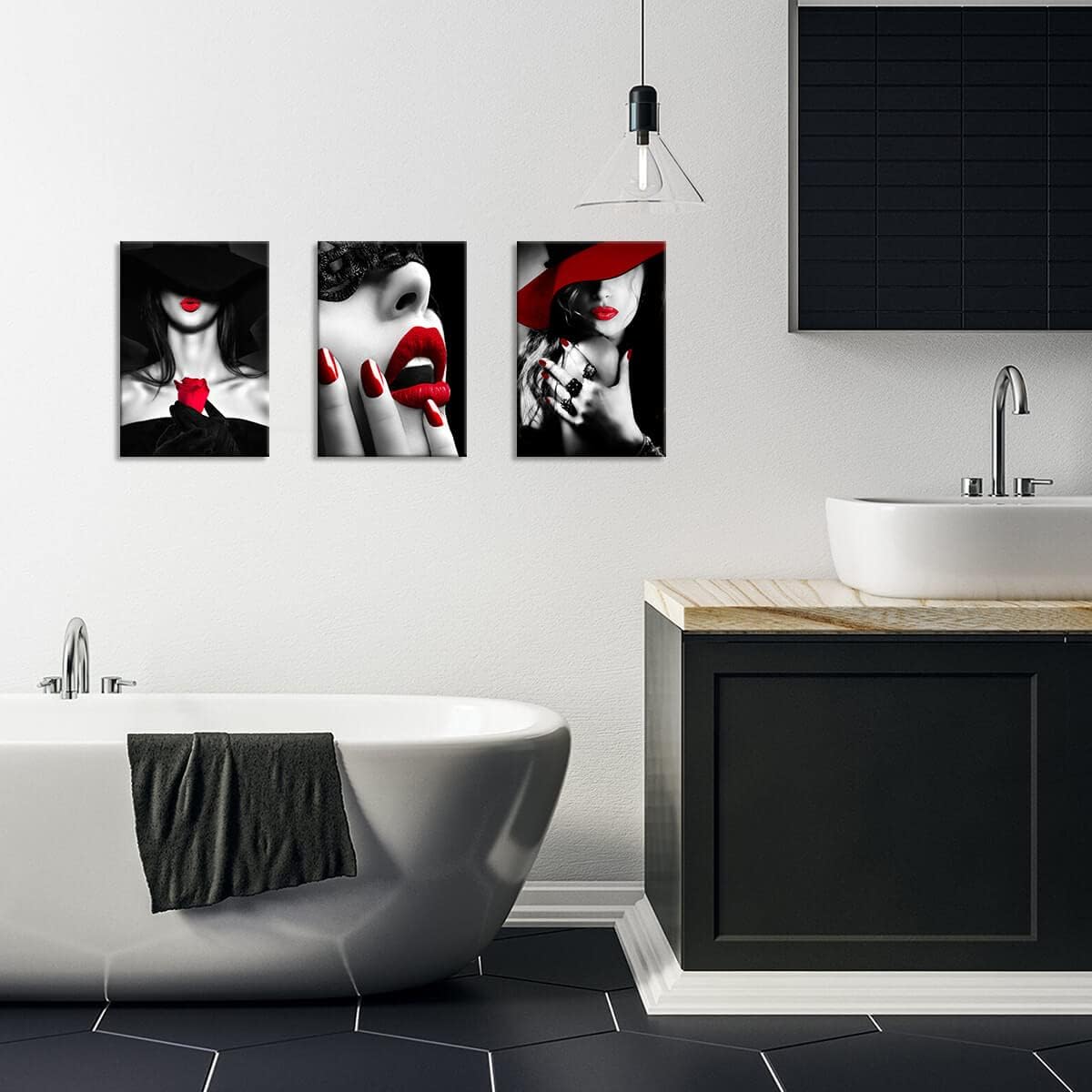 Bedroom Decor for Women Red Lips Black and White Bathroom decor wall art Red Rose Fashion Room Decor Office Modern Art Wall Decor 3 Pieces Canvas Wall Art for Kitchen Home Decorations 16x24inchx3pcs