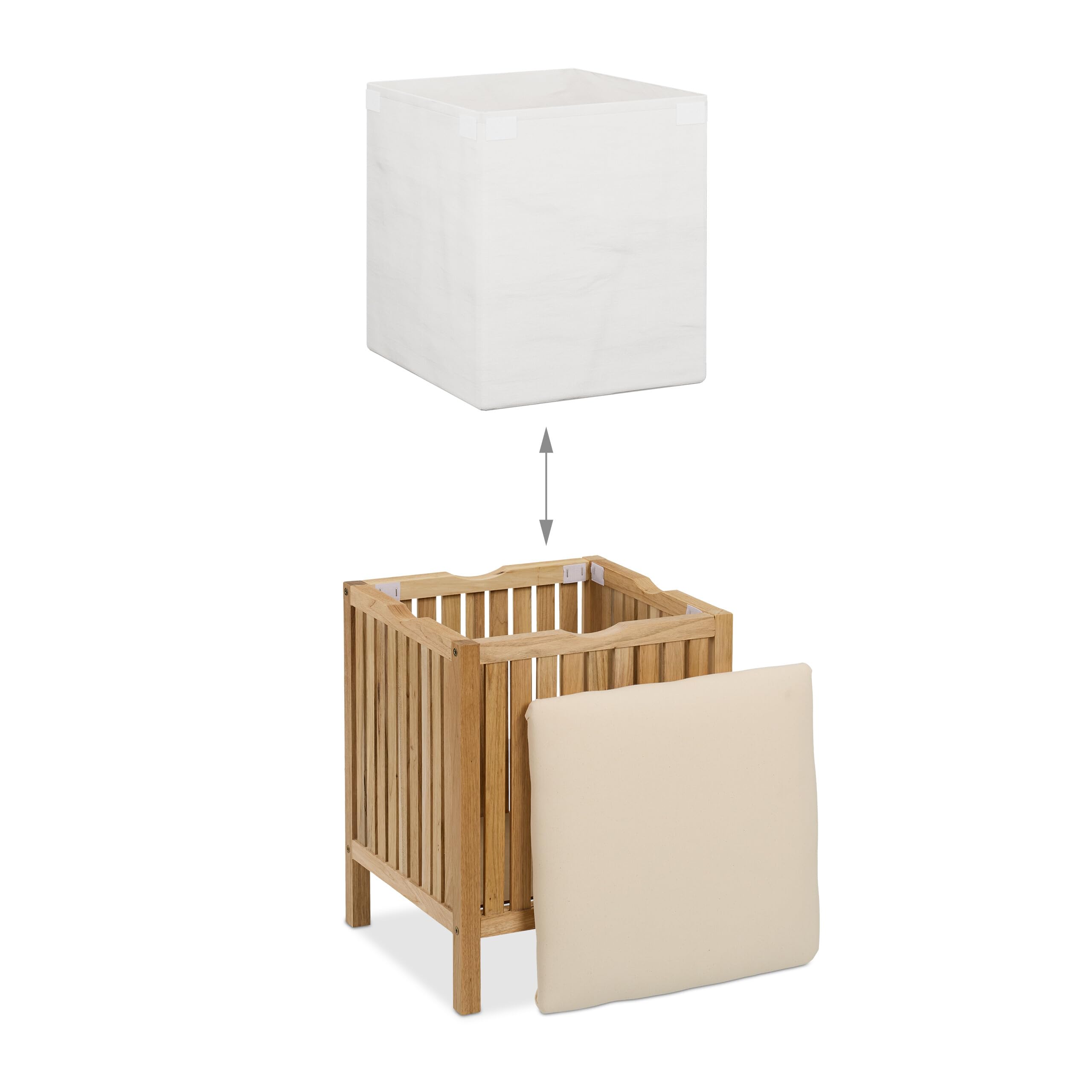 Relaxdays Wäschekorb mit Sitz, Badhocker mit Stauraum, 30 l Wäschesammler, HBT: 51 x 38 x 38 cm, Holz/Stoff, Natur/weiß