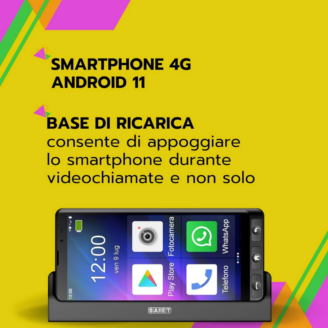 SAIET - Cellulare Smart Senior STS600 MAX Per Anziani 4G e Bluetooth - Tasti e Lettere Grandi - Custodia Protettiva Inclusa - Smartphone con Whatsapp e SOS