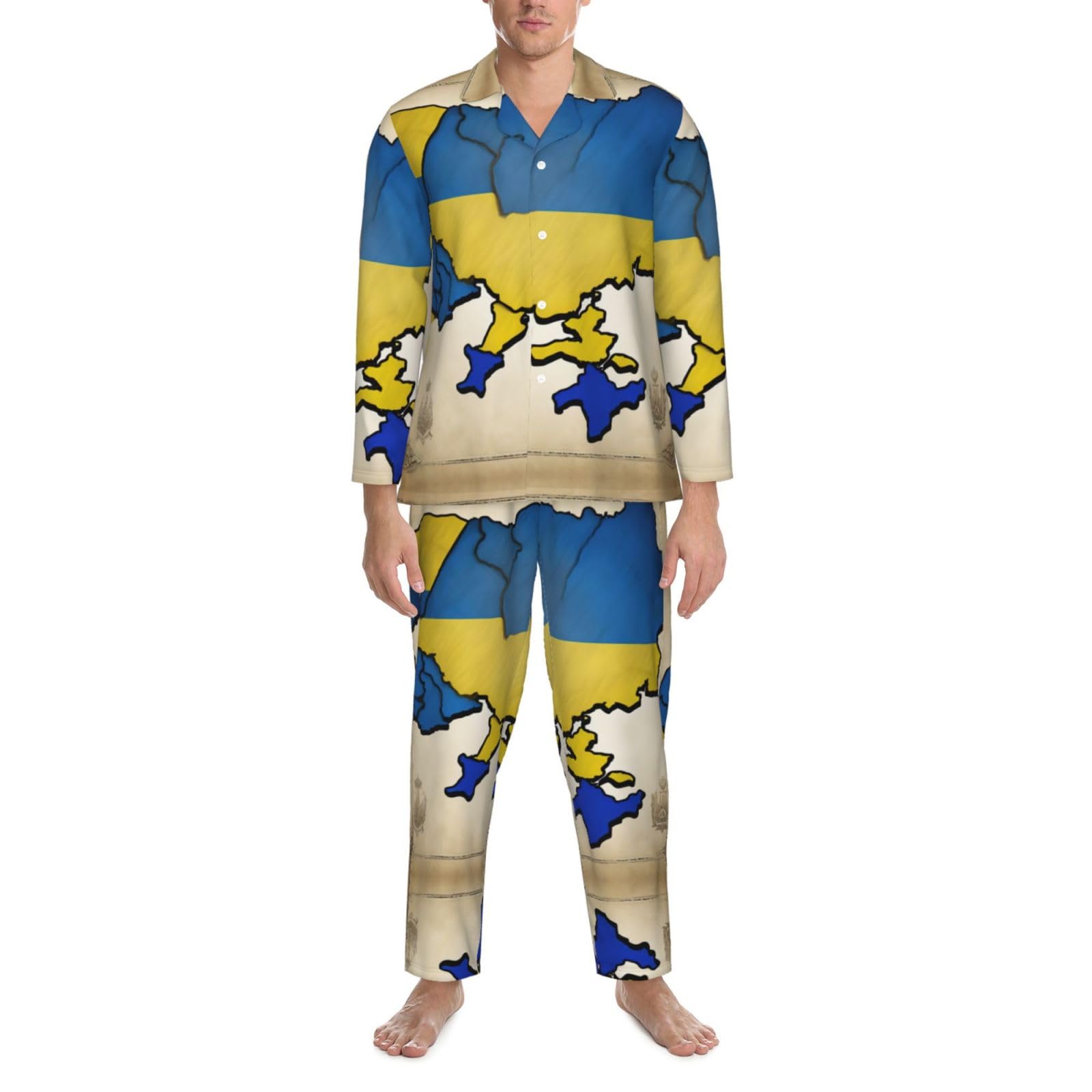 Ucraina Mappa topografica Pigiama da uomo a maniche lunghe Set pigiama Ucraina mappa topografica da uomo a maniche lunghe set pigiama morbido loungwear tasche pantaloni pigiama nero