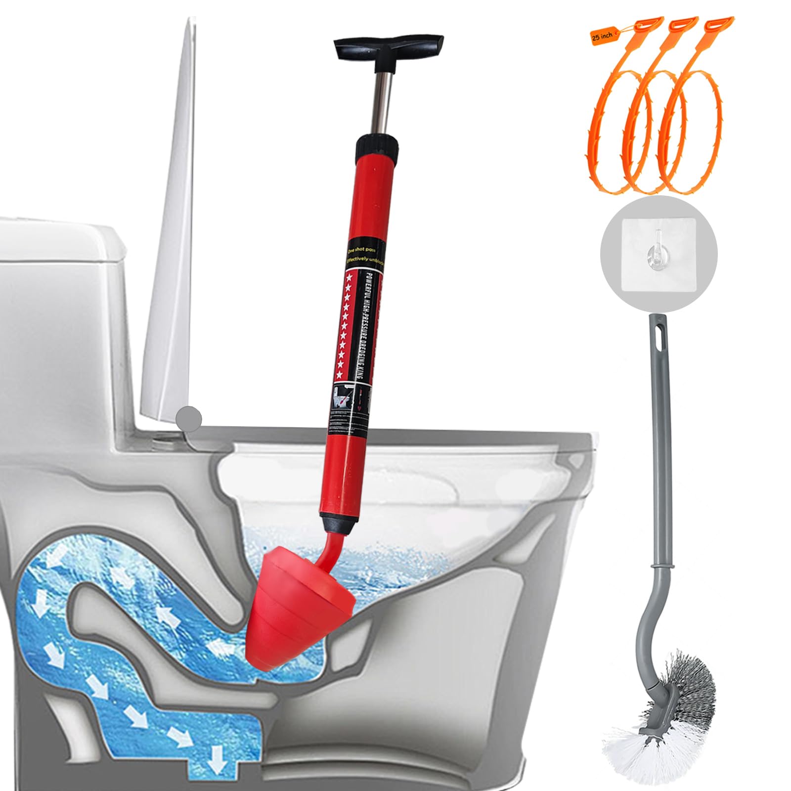 Toilet Plunger, High-Pressure Plungers for Bathroom, Toilet Brush and Plunger Set - Powerful Air Drain Unclogger & Heavy-Duty Clog Remover for Bathroom Drains, and Clogged Pipes