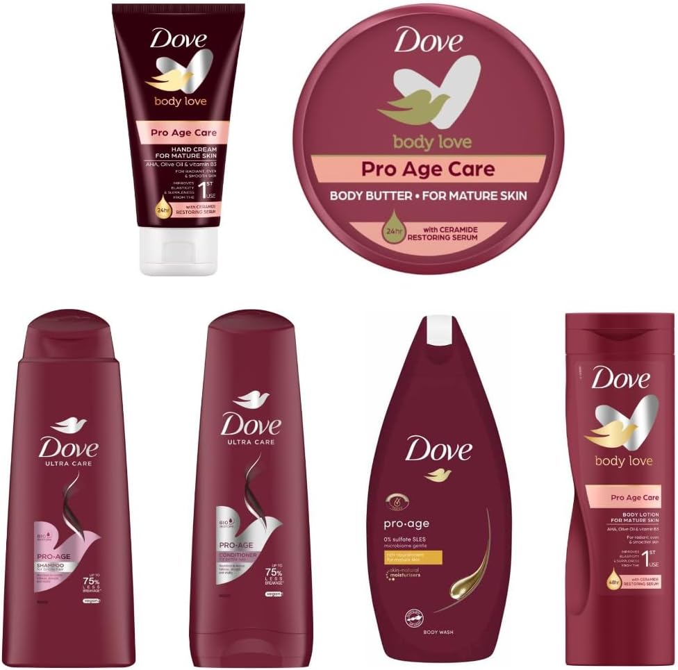 Dove Pro Age Mega Bundle. 6-Pack Hair Care & Skincare Set of Shampoo 250ml, Conditioner 200ml, Body Wash 400ml, Body Lotion 400ml, Body Butter 250ml, and Hand Cream 75ml. Dove Pro Age Mega Bundle. 6-Pack Hair Care & Skincare Set of Shampoo 250ml, Conditioner 200ml, Body Wash 400ml, Body Lotion 400ml, Body Butter 250ml, and Hand Cream 75ml.