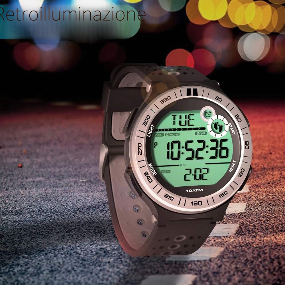 10 ATM Impermeabile Orologio da polso Sportivo Pedometro per Uomini Ragazzi Orologio per Immersioni Subacquee con Funzione Lap Cronometro e Sveglia, Formato 12/24 Ore Selezionabile