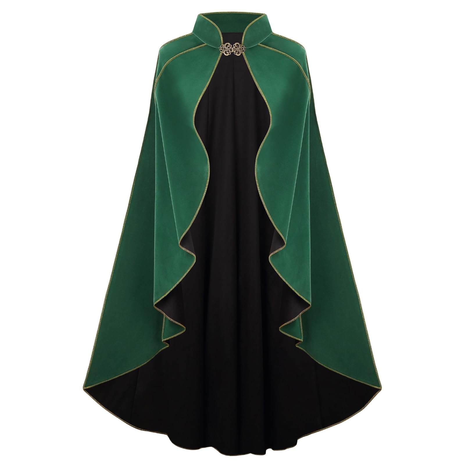 RRCBMD Womens Medieval Cloak Renaissance Victorian Deluxe Stand Collar Velvet Gold Trim Vintage Green Cape for Adult Halloween Cosplay Dress Up 43.3Inch