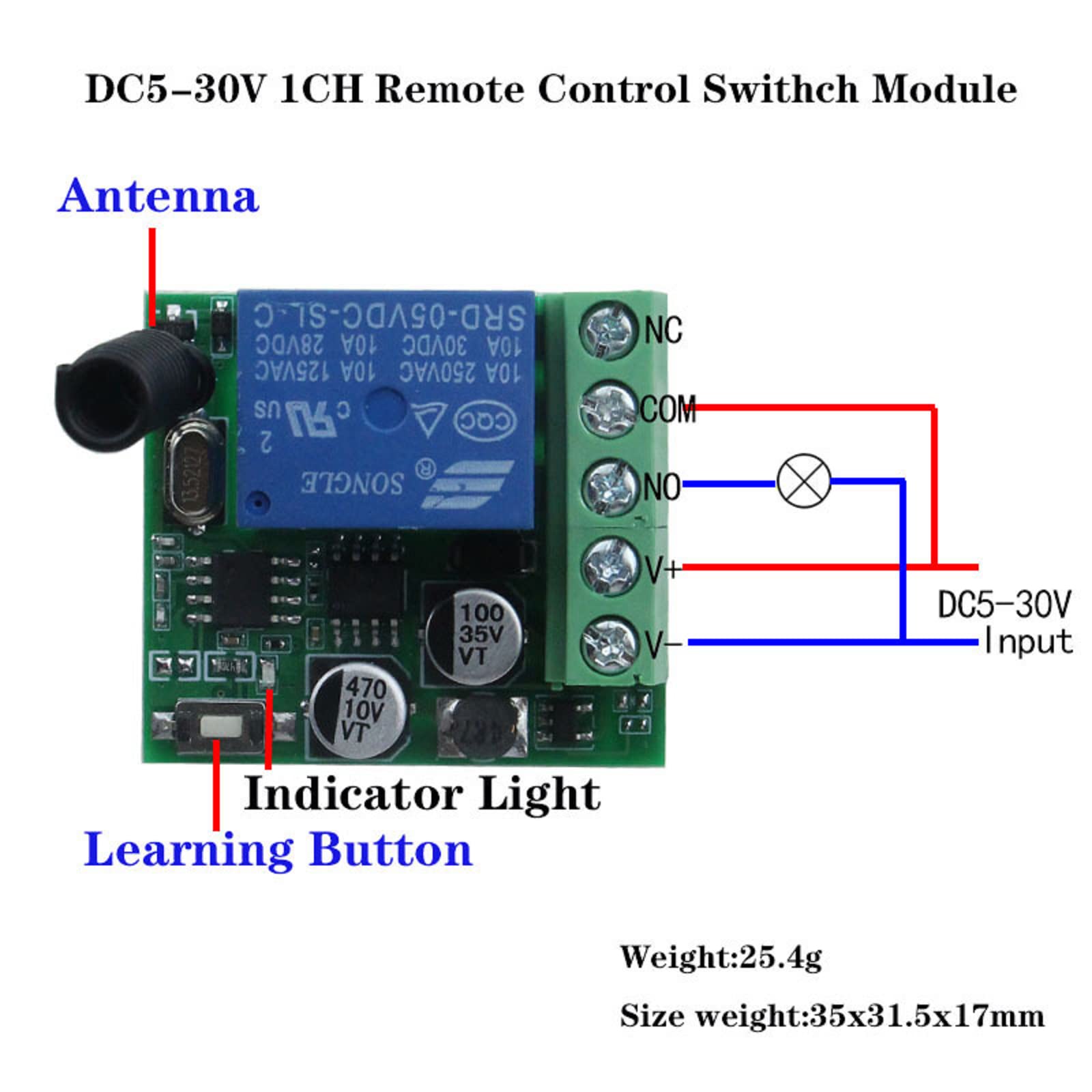 DC 5 ~ 30 V 433 MHz Interruptor de control remoto inalámbrico universal 1 CH RF Relé receptor módulo para interruptor de control de acceso luz barrera