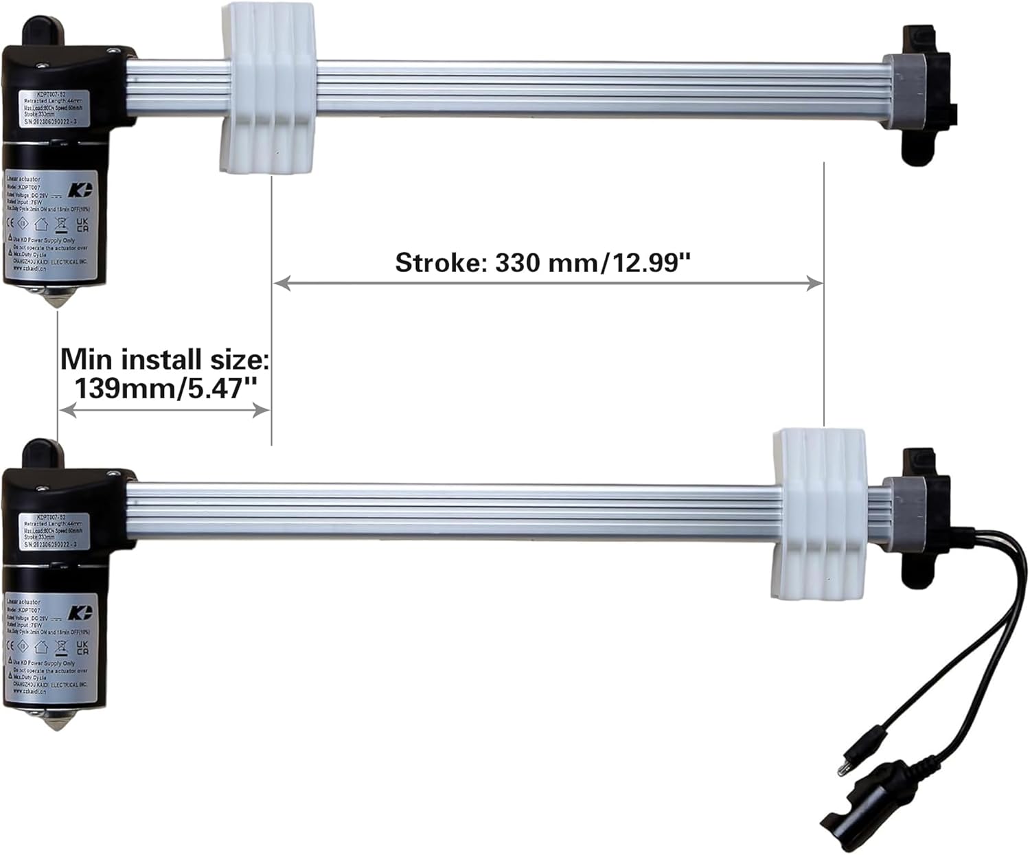 Diagram showing the stroke length of 330mm (12.99 inches) and the minimum installation dimension of 139mm (5.47 inches) for the KDPT007-52 linear actuator.