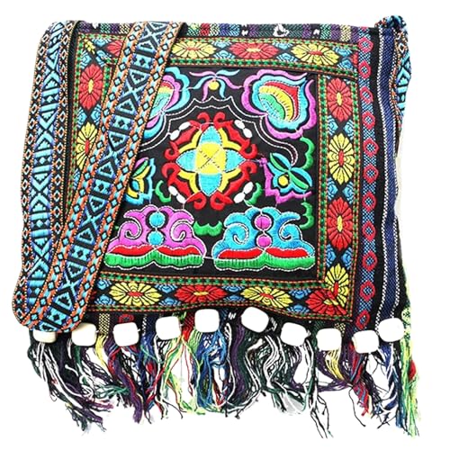 Boho Shoulder Bag, Ethnic Embroidered Shoulder Bag for Women with Tassel, 11x10 Inch Large Capacity Crossbody, Trendy Easy Matching Cute Carriers