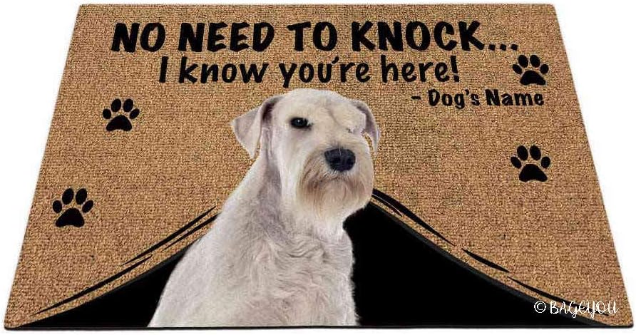 BAGEYOU Personalized Dog's Name Doormat with My Love Dog White Miniature Schnauzer Welcome Floor Mat No Need to Knock I Know You're Here 27.5 x 17.7