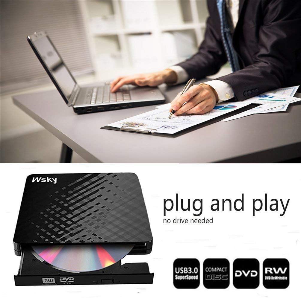 Wsky USB 3.0 External CD DVD Drive, CD/DVD-RW Drive, CD-RW Rewriter Burner Super Drive for High Speed Data Transfer Laptop Notebook PC Desktop Support Windows/Vista/7/8.1/10, Mac OSX