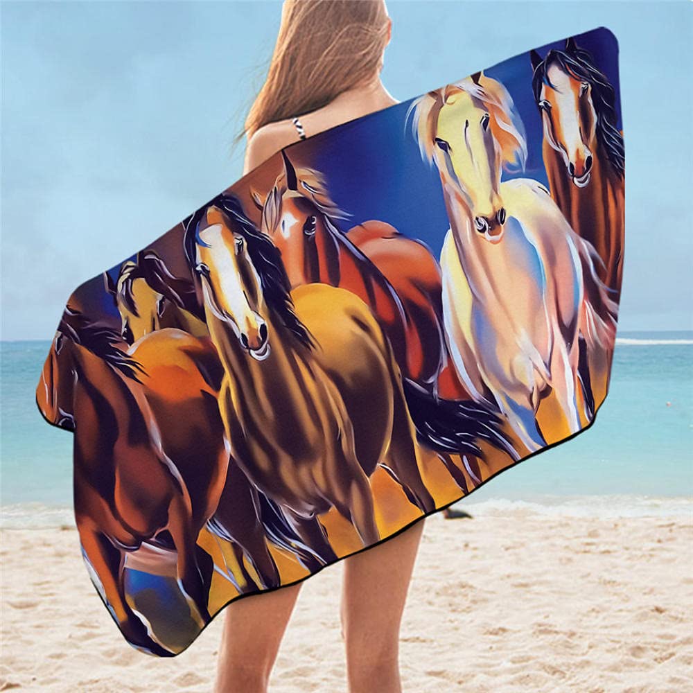 Lsjuee Large Travel Towel, Horses Bathroom Towel 3D Galloping Wild Horse Microfiber Beach Towel Dusty Lightning Photography Towel Style