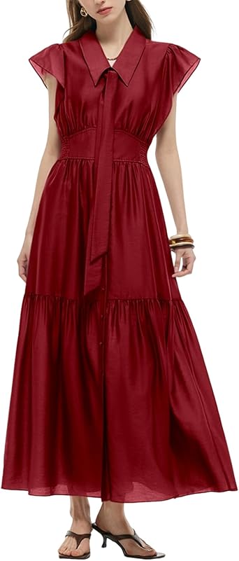 GOELIA Summer Dresses for Women Casual Elegant Lapel Neck Ruffle Cap Sleeve Tencel Maxi Dress with Sash with Pockets