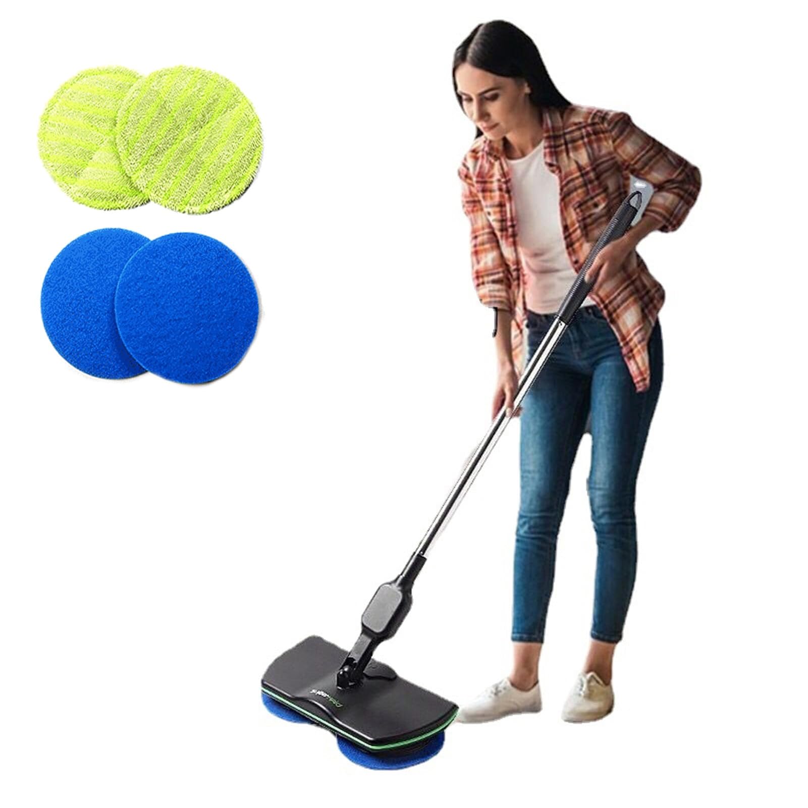 Fregona Electrica Sin Cable, Piso Portátil Mopa Giratoria, Recargables Trapeador de La Limpieza del Piso del Hogar con 2 Almohadillas de Microfibra y 2 Almohadillas para Pulir