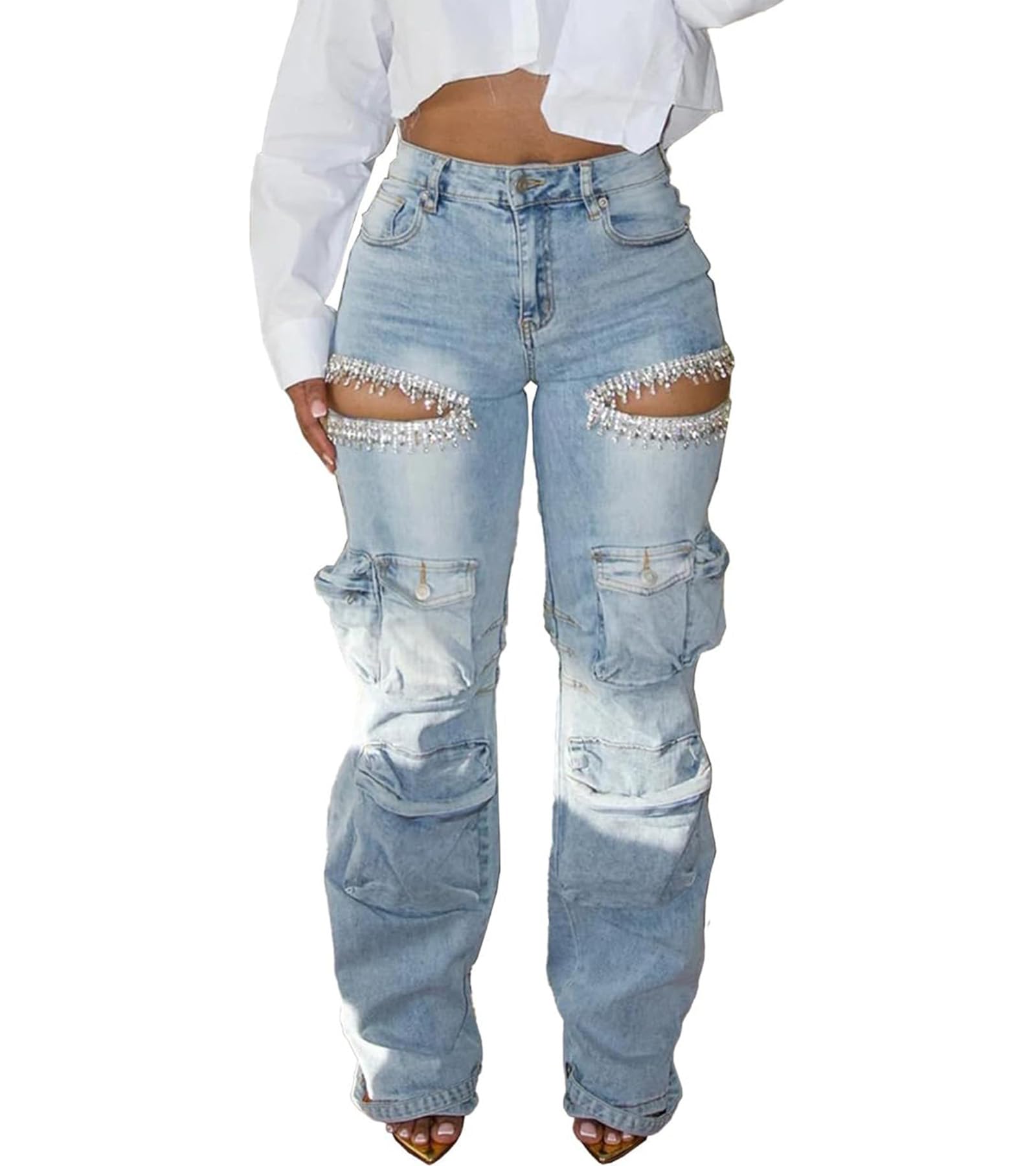 Womens Rhinestone Cargo Jeans Y2k High Waisted Ripped Cut Out Straight Leg Sparkly Baggy Sexy Denim Pants