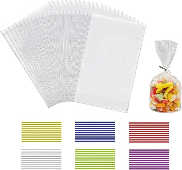100 pcs Transparent Cellophane Bags Large (10 x 6 inches) Sweets Gift Bags with 100 Colourful Ties, Cellophane Gift Bags Food Safe Clear Bags for Sweets Gift Food Storage