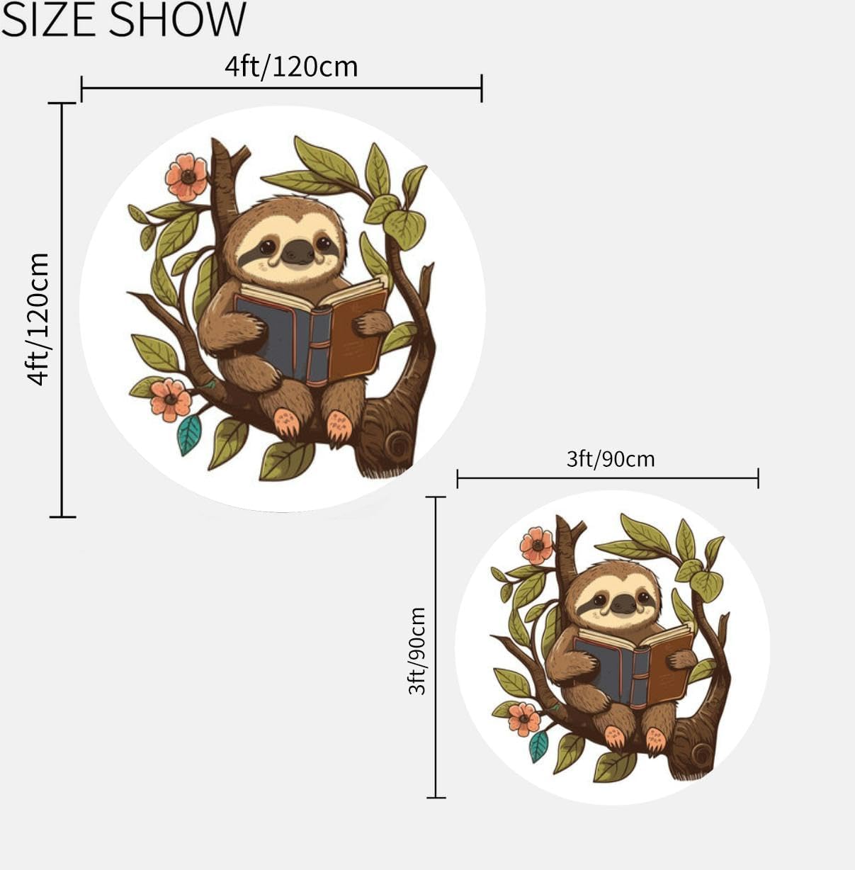 Round Rug 4ft Circle Area Rug Reading Sloth! This Sloth is Enjoying a Good Book Carpet Washable Small Round Rugs for Bedroom Aesthetic Bathroom Laundry Living Room Kitchen Outdoor, RT-666