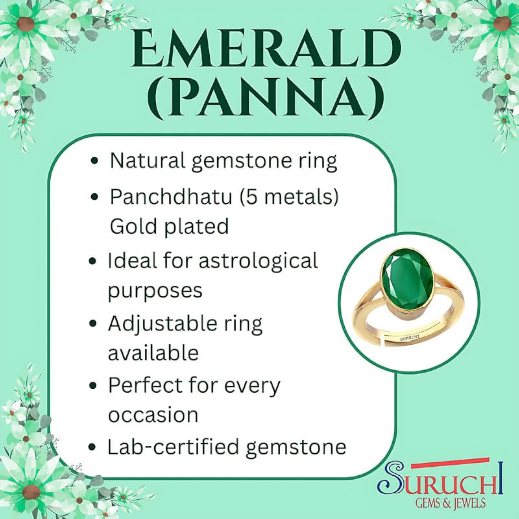 Women's Emerald/Panna 9.25 Ratti Gold Plated Adjustable Ring, Astrological