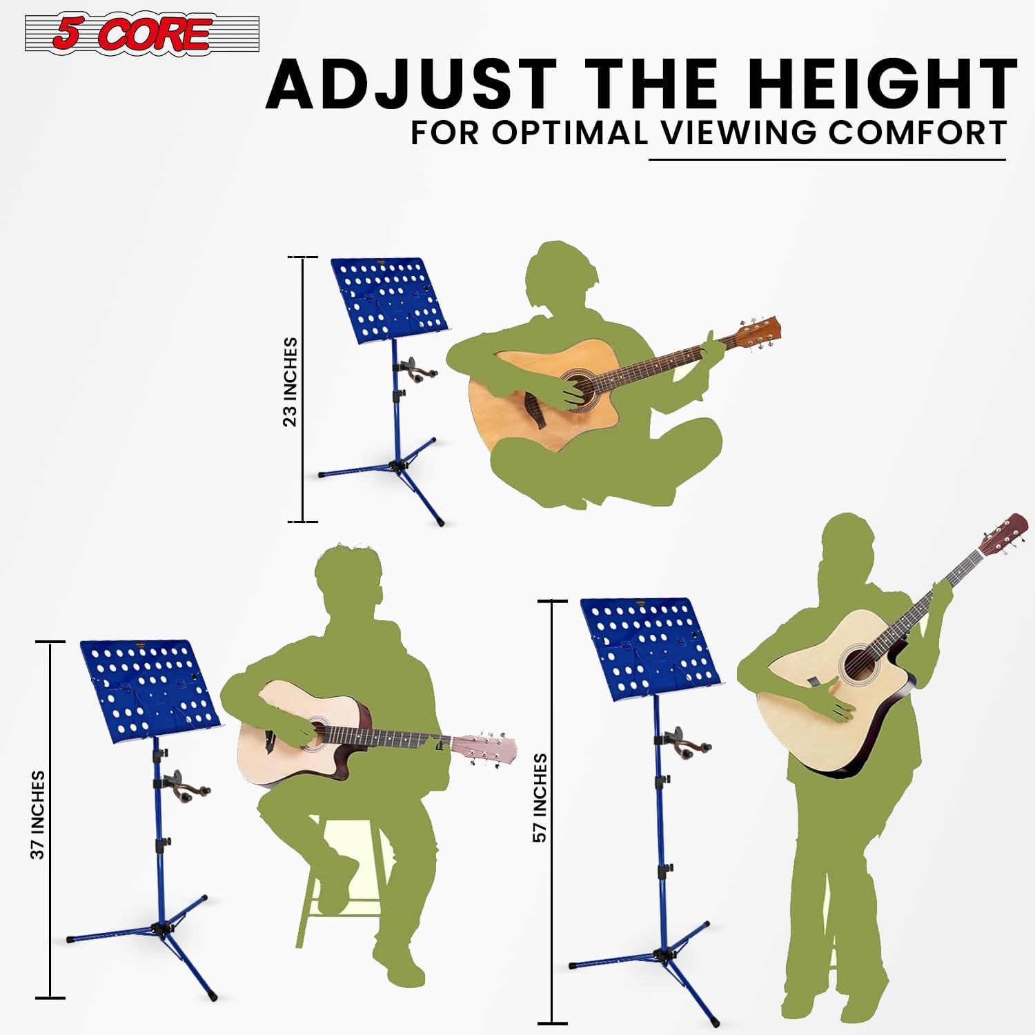 5Core Music Stand for Sheet Music Tripod Height Adjustable Portable Folding Note Holder Atril para Partituras w Light Clip - MUS FLD HD Acc BLU