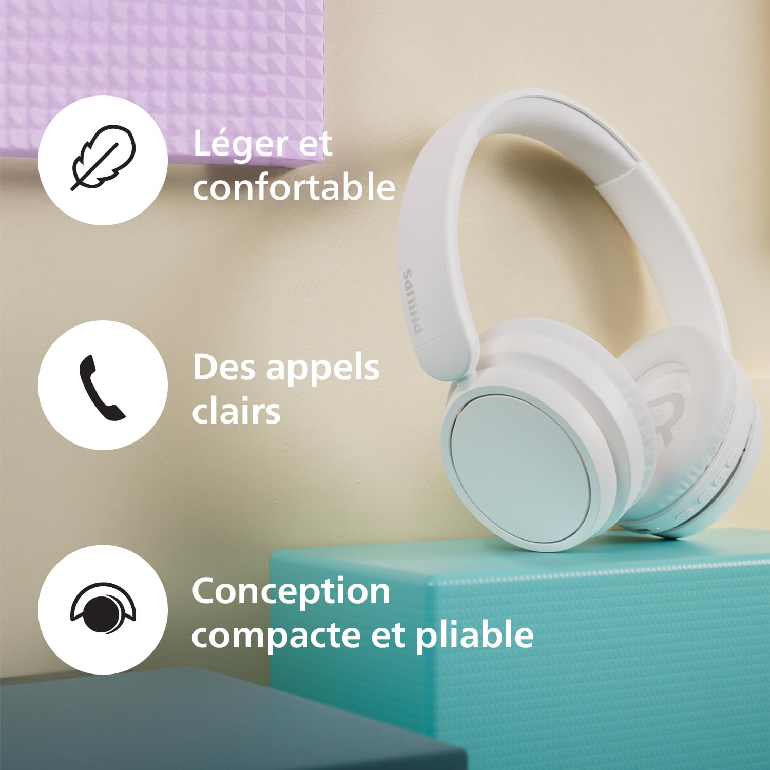 PHILIPS TAH5209WT/00 Casque sans Fil Supra-aural Bluetooth, Isolation phonique Passive, 65 Heures d’autonomie, Son Naturel, appels clairs, Basses dynamiques, Recharge en 2 Heures Via USB-C - Blanc