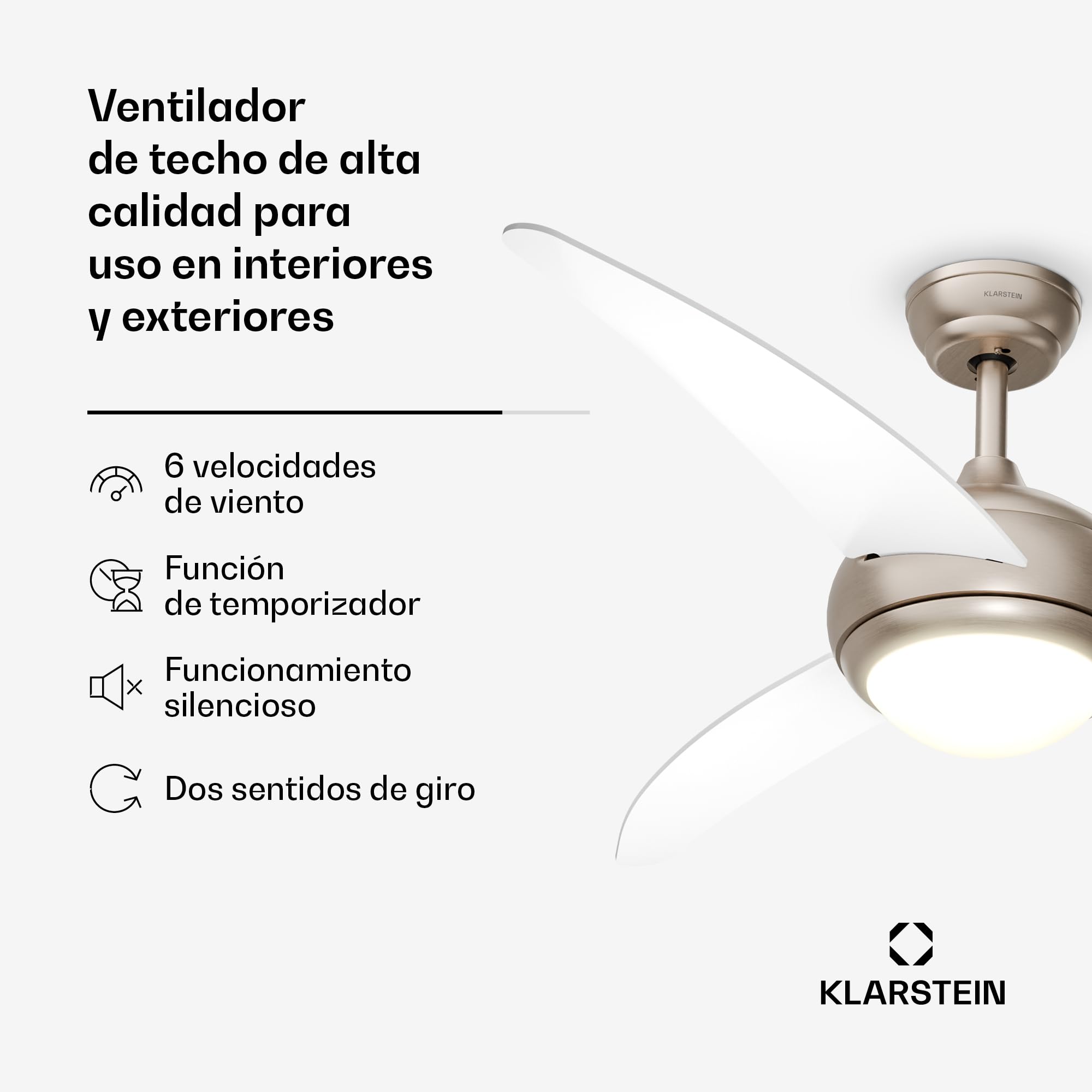 KLARSTEIN El Paso Ventilador de Techo con Luz – Silencioso, 6 Velocidades, Mando a Distancia, 3 Aspas, Interior & Exterior, Lámpara LED, 132cm, Reversible, White