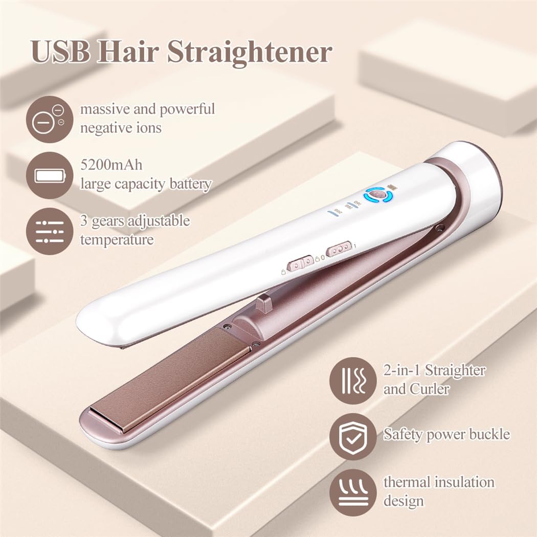 Diagram showing key features of the USB Hair Straightener including negative ions, battery, temperature, 2-in-1, safety, and thermal insulation