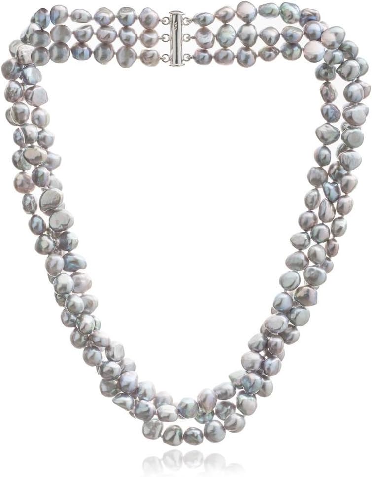 Triple strand grey irregular cultured freshwater pearl necklace