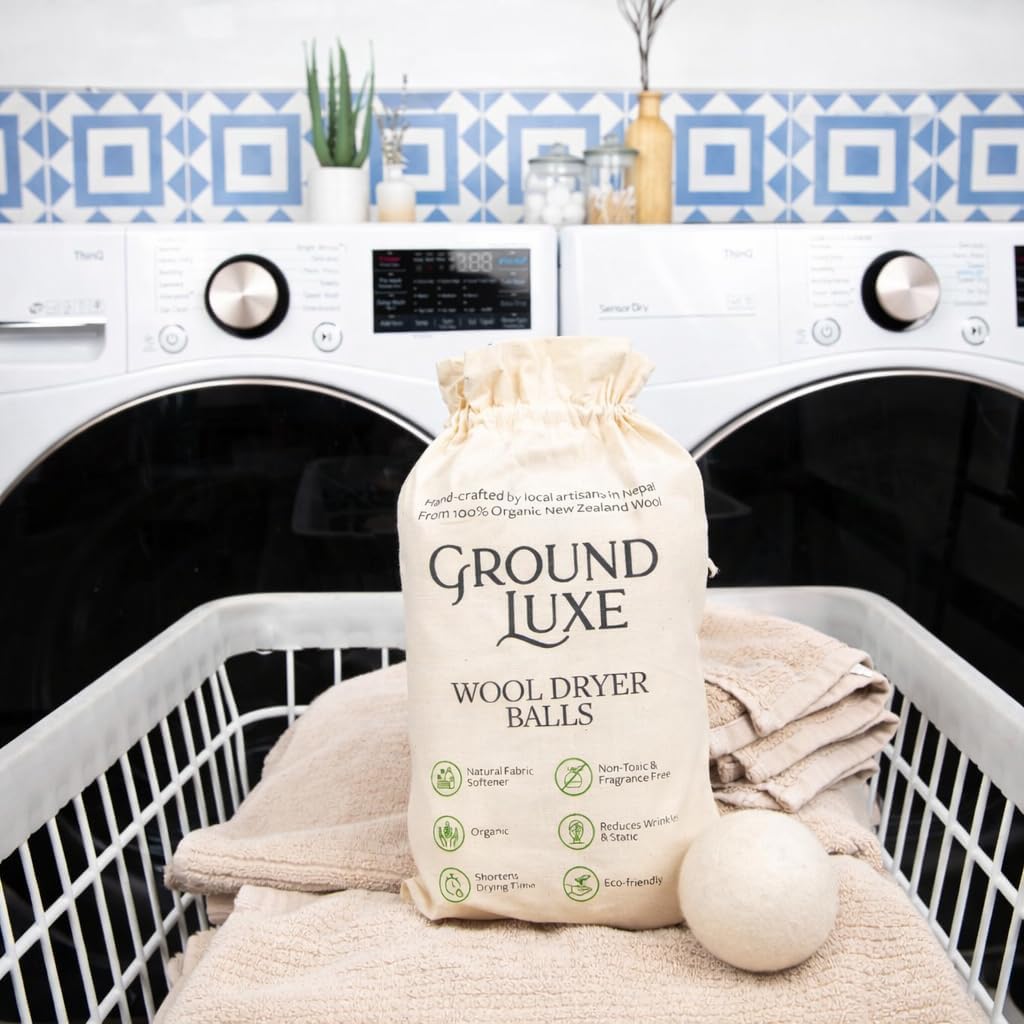 GroundLuxe Bolas secadoras de lana de Nueva Zelanda de alta calidad, 100% orgánicas, fundidas a mano, reutilizables, reducen el tiempo de secado, juego de 6 para suavizar la tela natural, arrugas y