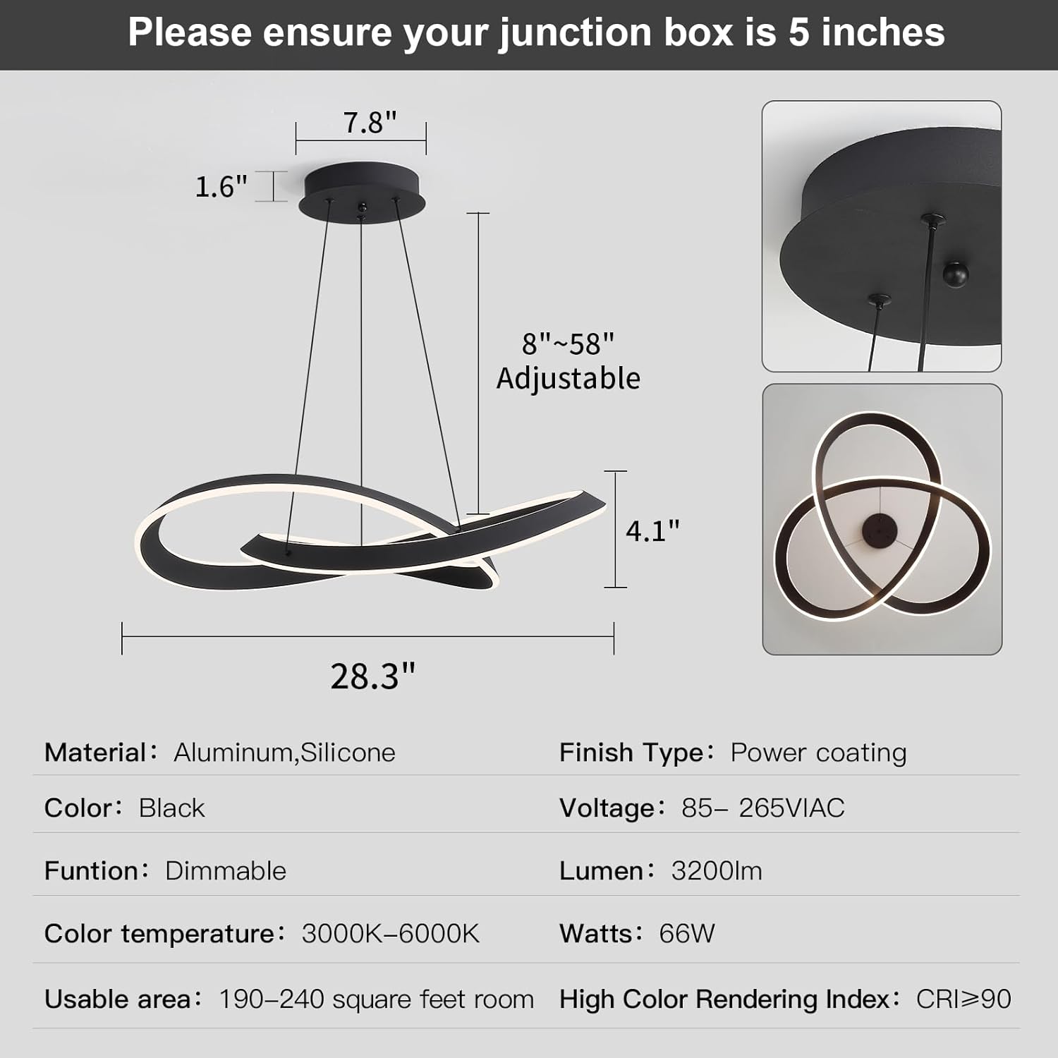 Modern LED Chandelier, Black Infinity Pendant Light 28 Inch, Dimmable Ceiling Light with APP & Remote, 3000K–6000K, 90+ CRI Flicker‑Free, Height Adjustable 8–58" for Dining Living Room Kitchen Island