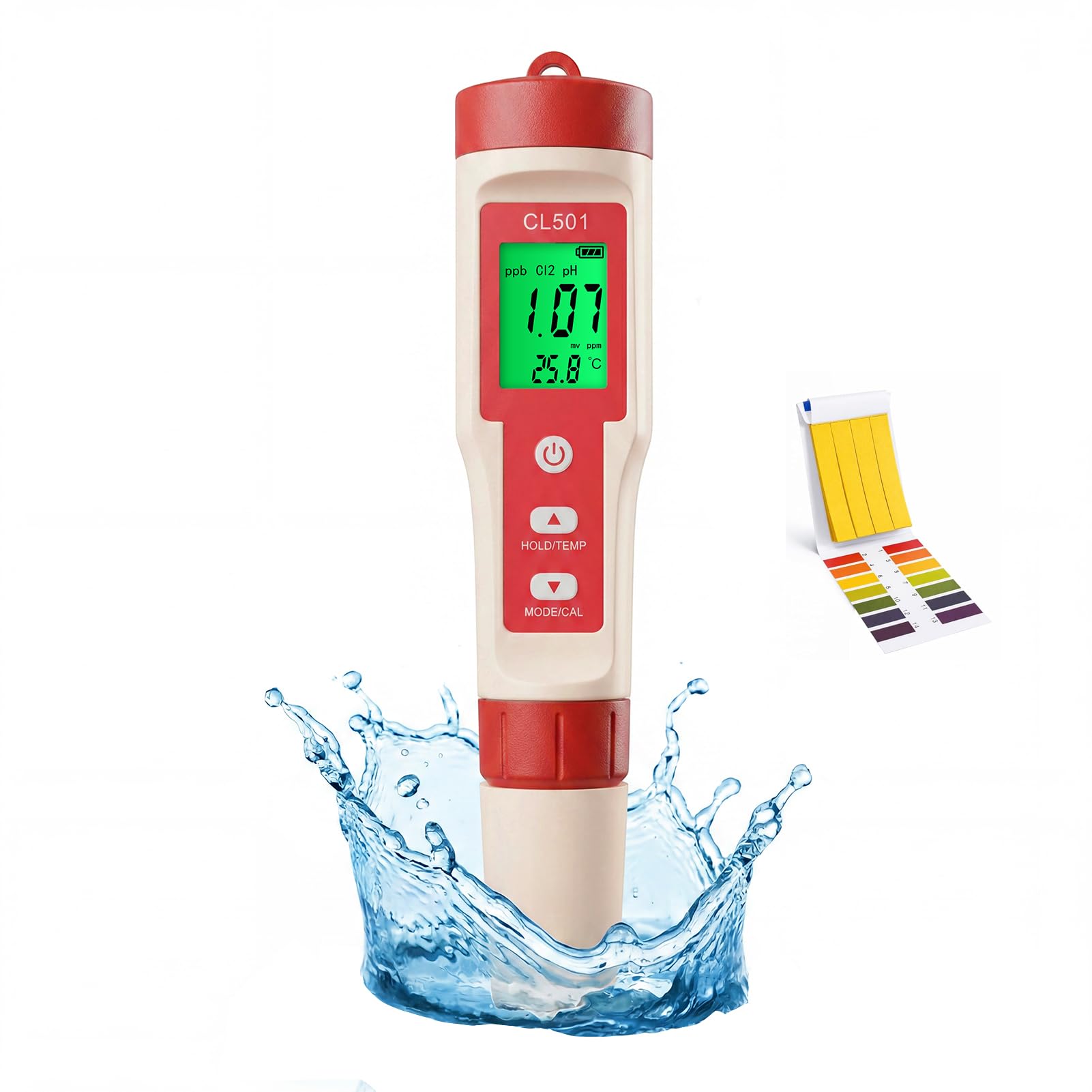 PH Chlormessgerät Pool Digitales Wasserqualität Tester, 5 in 1 PH/Chlor/ORP/H₂/Temp Messgerät mit pH Teststreifen und LCD-Display, für Trinkwasser Spa Aquarium Hidroponik Hydrokultur