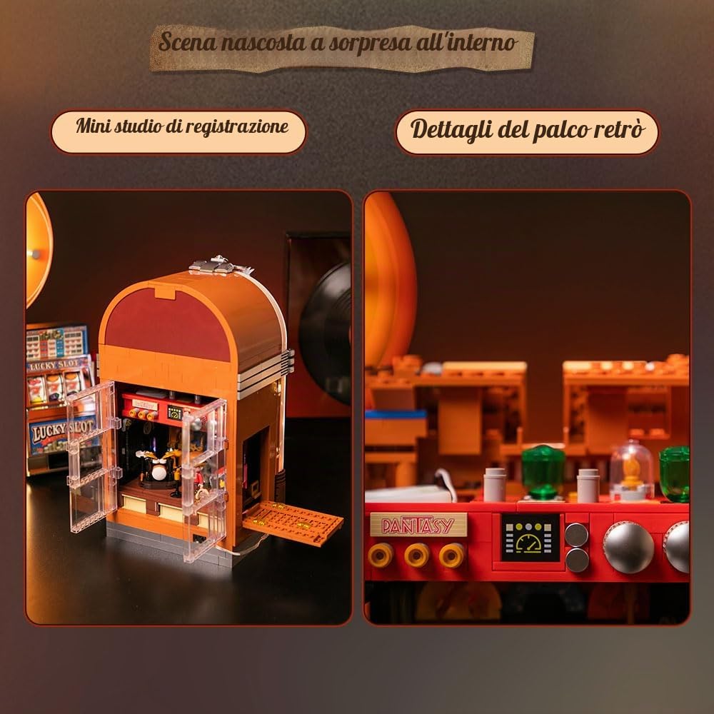 PANTASY Kit retrò jukebox con moneta e suono, modello musicale meccanico con dischi in acrilico, studio di registrazione e minifigure, kit da collezione come regalo per adulti e adolescenti