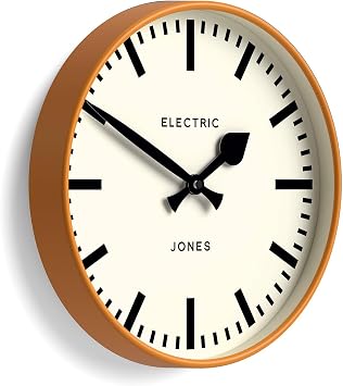 JONES CLOCKS Tiger wall Clock | Modern Round Station Clock | 12 inch | Orange | Cool Designer Look for Kitchen, Living Room or Office