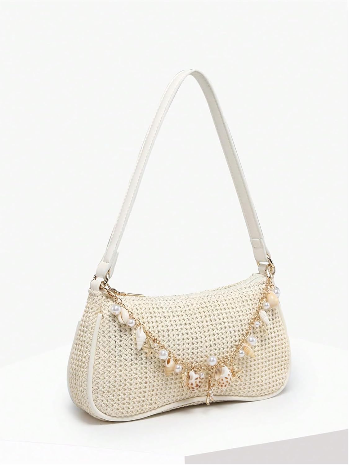 Verdusa Women's Boho Seashell Pearl Beaded Straw Bags Zipper Single Strap Underarm Purses - Image 2