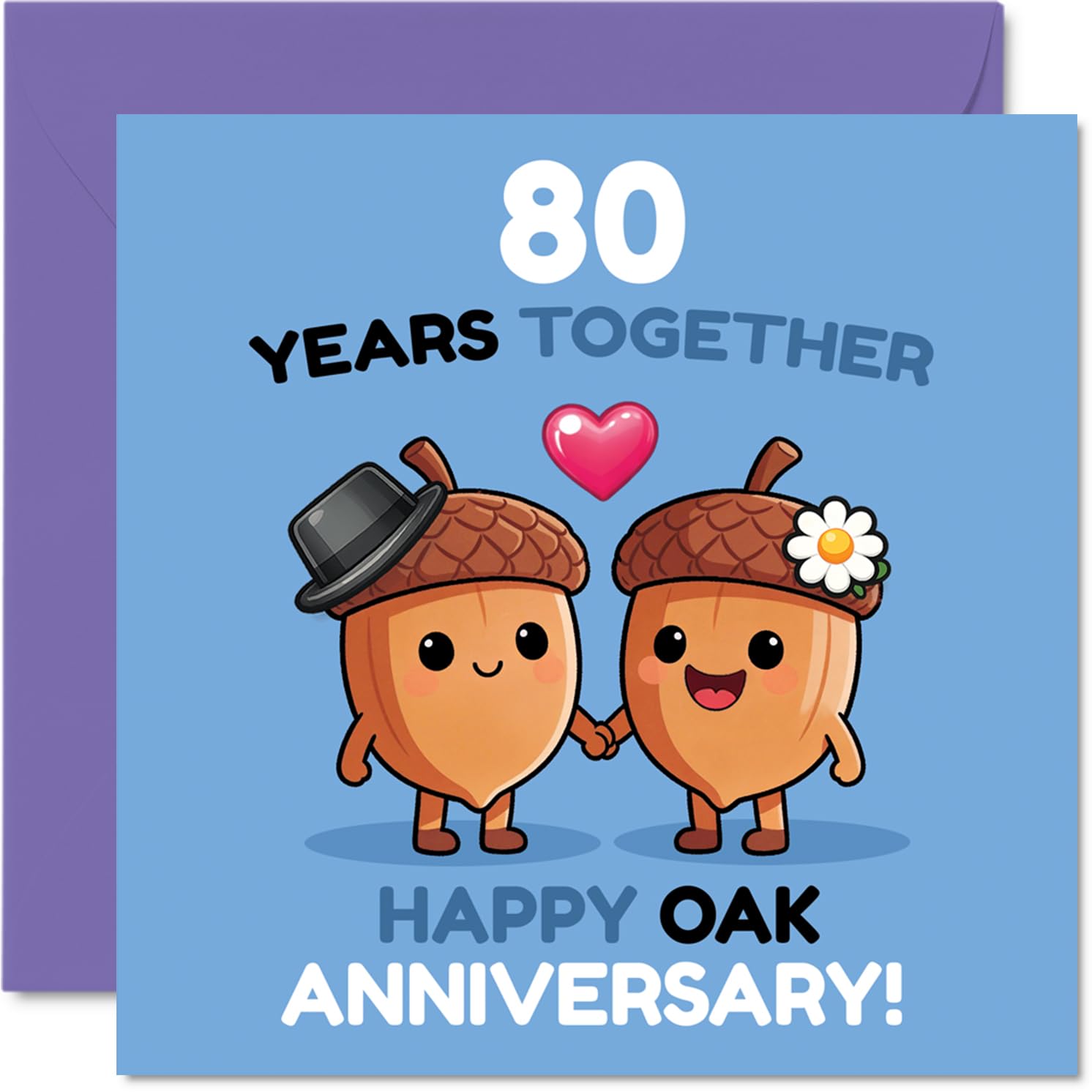 Cute 80th Anniversary Card - A Little Nutty After 80 Years - Adorable Acorns Hand in Hand on a Playful Blue Scene - 145mm Square, Envelope Included