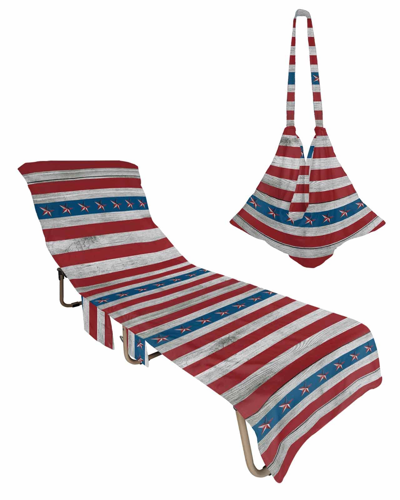 Independence Day Beach Pool Patio Lounge Chaise Chair Cover Towel With Pockets,Absorbent & Quick Dry Microfiber Towel Cover Bag Summer Accessories for Sunbathing Red Blue Star Striped Flag Farmhouse