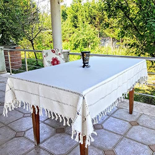 Secret Sea Collection, Antique Series, Handmade Cotton Tablecloth Blue Beads Decorated (53" X 82") Washable Coffee Tea Patio Side Kitchen Balcony Dining End Table Fringe Country Rectangle