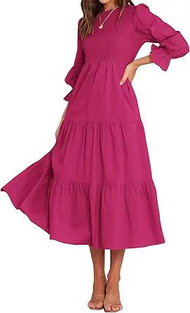 BTFBM Women Casual Long Sleeve Crew Neck Fall Dress Bohemian Relaxed Fit Floral Flowy Maxi Dresses Tiered Cocktail Dress