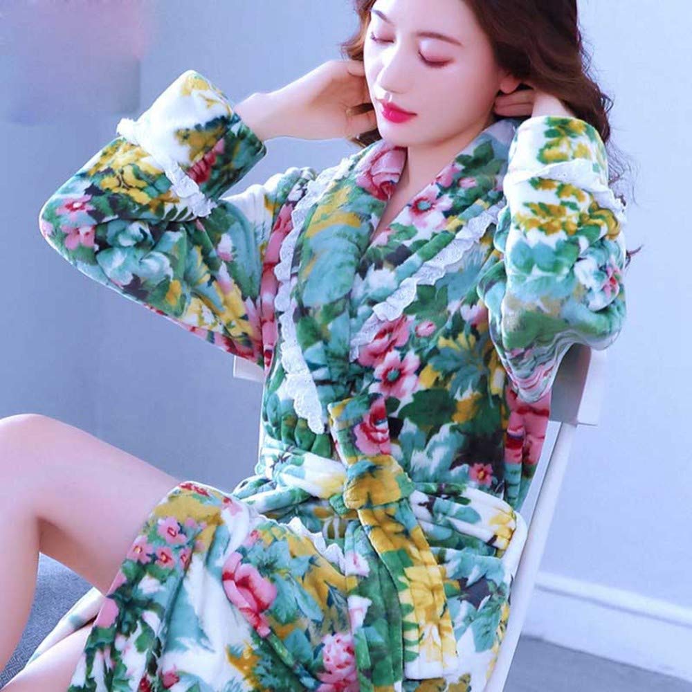 Peignoir d'hiver,Les Dames À La Mode Robe D’Hiver Chaud Corail Toison De Bain Pyjamas À La Maison Porter Confortable Kimono Hôtel Peignoir avec Imprimé Mignon Vert Fille Sexy